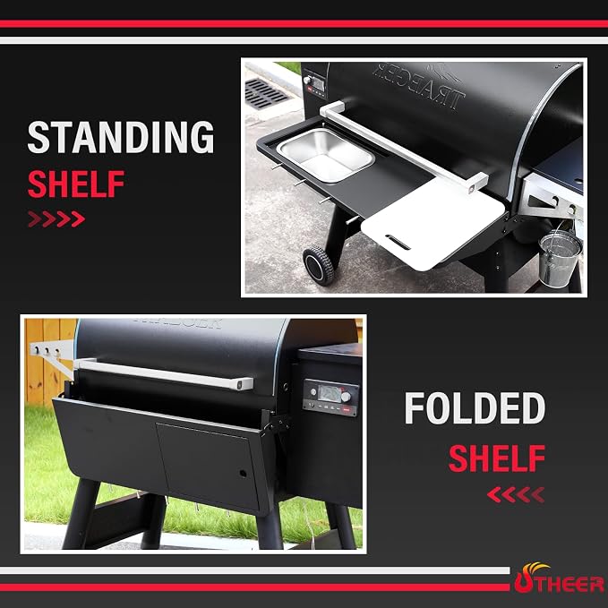 Utheer Folding Front Shelf for Traeger Pro 780 & Ironwood 885, 32.5"x11.5" | Heavy-Duty BBQ Prep Table, Cutting Board & Basin, 5 Hooks, 60-LB Load Steel