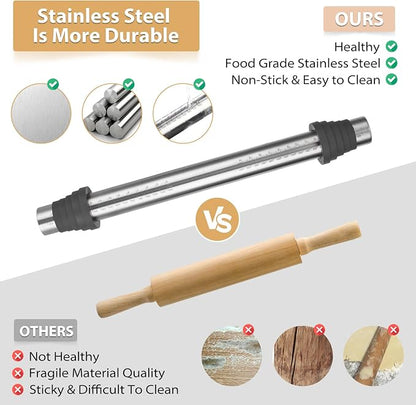 Adjustable Rolling Pin with Thickness Rings for Baking -Non Stick Stainless Steel Dough Roller Pin with Bands for Cookie,Wood,Wooden and Bread (Grey, 15.8 '')