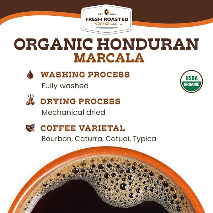 Fresh Roasted Coffee, Organic Honduran Marcala Whole Bean Coffee, Medium Roast, USDA Organic, 100% Single Origin, Kosher, 12 oz