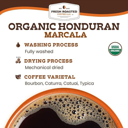Fresh Roasted Coffee, Organic Honduran Marcala Whole Bean Coffee, Medium Roast, USDA Organic, 100% Single Origin, Kosher, 12 oz