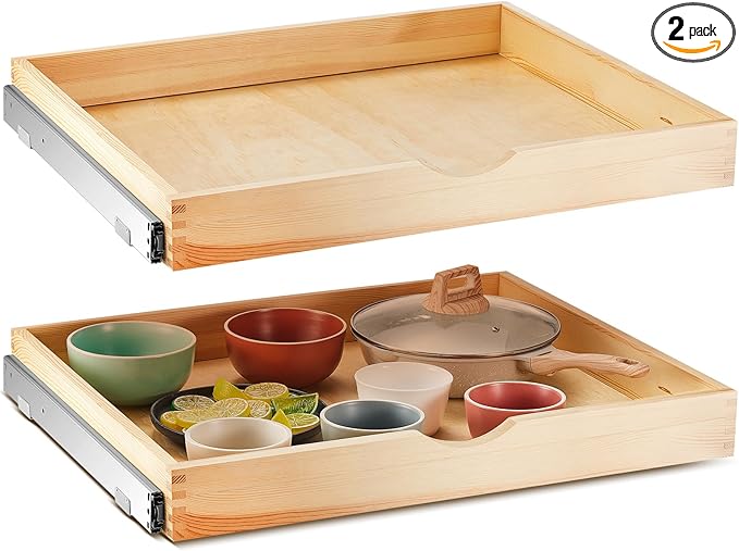 Menkxi 2 Set Wooden Pull out Cabinet Organizer Fully Assembled Slide out Pantry Drawer with Gentle Close Storage Shelf Tray for Base Kitchen Under Sink Bathroom Accessory(Wood Color,27'' X 21'' X 3")