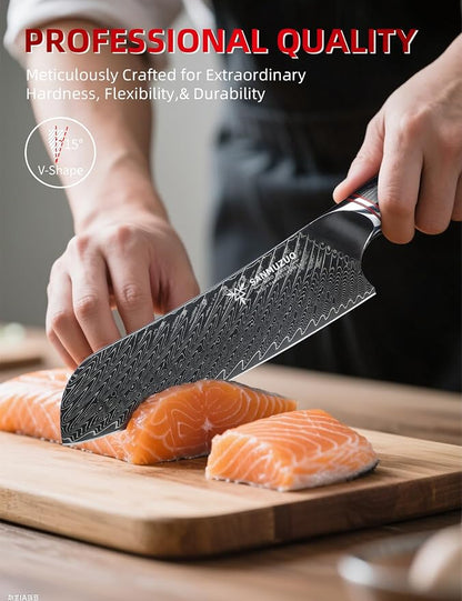Japanese 7" Santoku Knife - Kitchen Chef Knife - Black Damascus Steel with Ergonomic Handle - MIAO Series