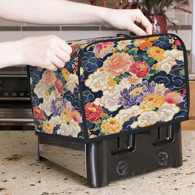 Flower Japanese Art Toaster Cover 4 Slice Wide Slot Washable Kitchen Appliance Covers Fingerprint Bread Machine Dust Cover Small Toaster Oven Accessories Covers Bread Maker Bag Women Gift