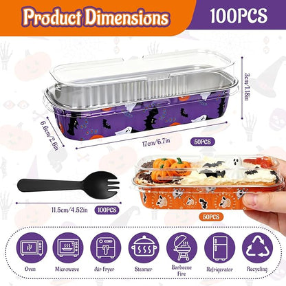 100Pack Halloween Mini Cake Pans Disposable Mini Loaf Pans with Lids and Spoons, 6.8Oz Aluminum Foil Pans Tins, Individual Dessert Cups Containers for Sales,Party,Picnics