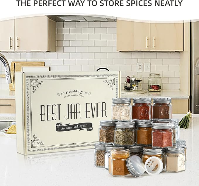 Homazing Set of 24 Hexagon Glass Spice Jars with Shaker Lids and Labels for Refrigerator, Kitchen, RV Travel Trailer Magnetic Containers