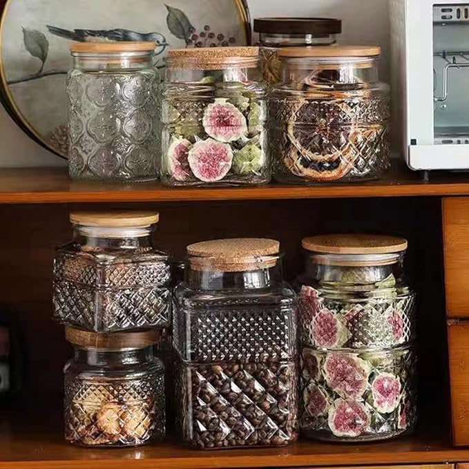 Glass Storage Jars Vintage Embossed Canisters Food Cereal Storage Containers with Bamboo Lid, Decorative Jars for Kitchen Counter,Pantry,Set 3-Piece Glass Jars in 60oz/40oz/20oz (Square)