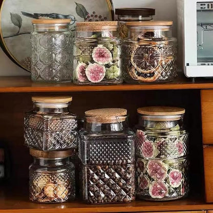 Glass Storage Jars Vintage Embossed Canisters Food Cereal Storage Containers with Bamboo Lid, Decorative Jars for Kitchen Counter,Pantry,Set 3-Piece Glass Jars in 60oz/40oz/20oz (Square)