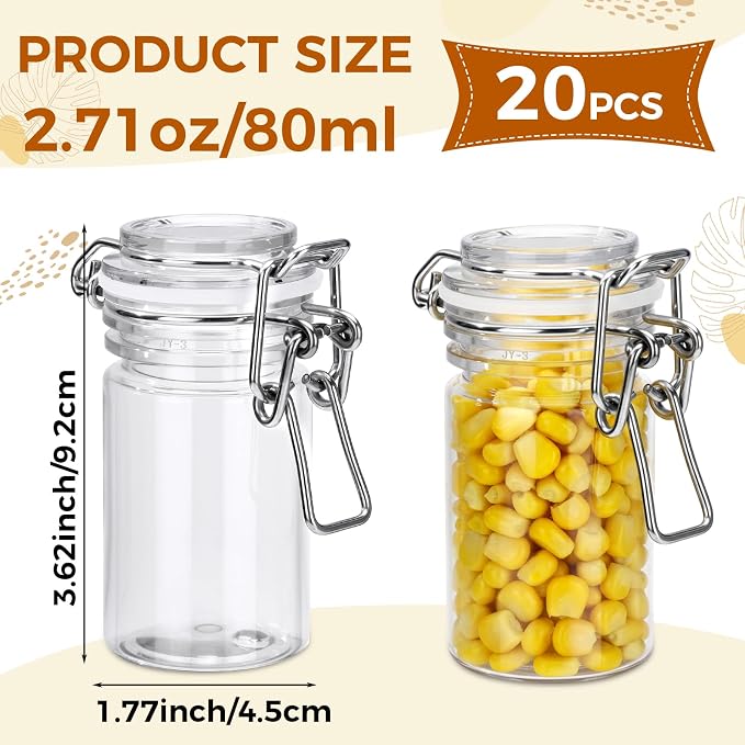 Suclain 20 Pcs 3 oz PET Plastic Storage Jars with Airtight Hinged Lid Mini Sealed Clear Wide Mouth Spice Jar Empty Round Leak Proof Canning Storage Containers for Sugar Jam Sauces Herbs Coffee