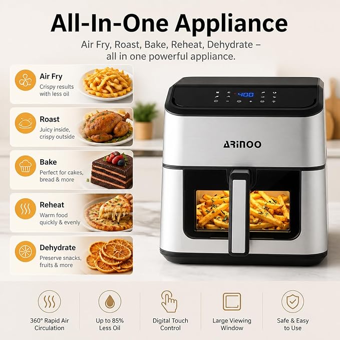 Air Fryer Pro 8 Qt, 8-in-1 Air Fryer with Viewing Window, 360° Rapid Air, 1500W, 80% Less Oil, Nonstick Dishwasher-Safe Basket, PFAS & Teflon-Free, 180°F-400°F, Recipe Book, Black