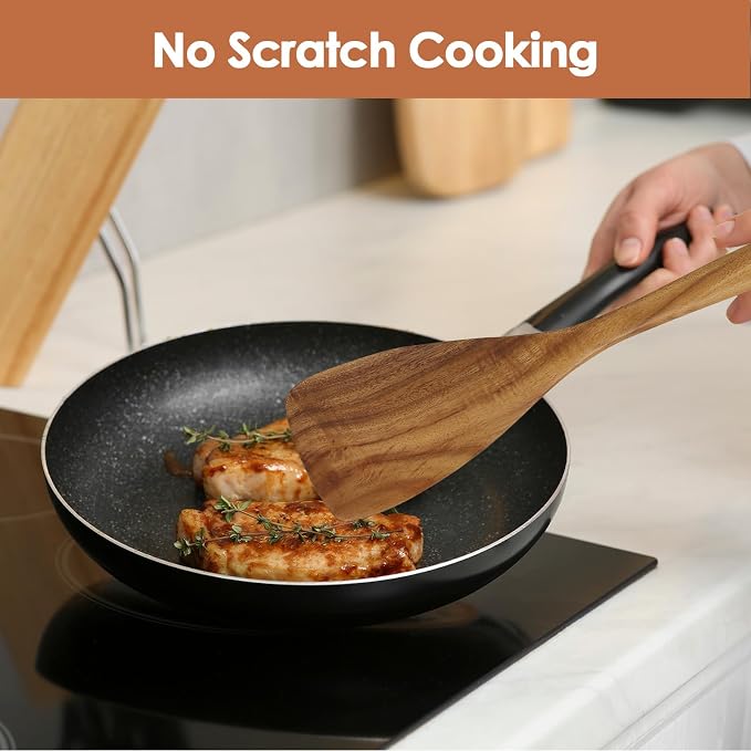 comfoyar Wooden Kitchen Cooking Utenails Set, 7 Pieces Natural Teak Wooden Spoons for Cooking with Spatula and Ladle, Heat Resistant Kitchen Cookware for Nonstick Pan