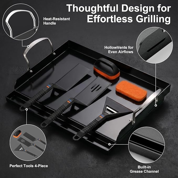 17 x 13 in Cast Iron Griddle for Gas Grill, Nano Ceramic Nonstick Flat Top Grill Plate with 5-Piece Tool Kit, Grease Groove, High Sidewalls, Handles, for Charcoal, Stove Top, Camping