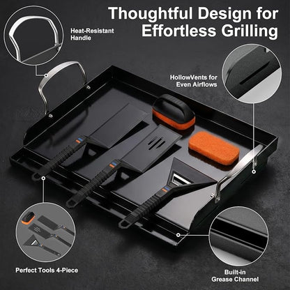 17 x 13 in Cast Iron Griddle for Gas Grill, Nano Ceramic Nonstick Flat Top Grill Plate with 5-Piece Tool Kit, Grease Groove, High Sidewalls, Handles, for Charcoal, Stove Top, Camping