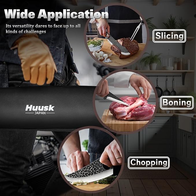 Huusk Butcher Knife Set for Meat Cutting 10pcs Viking Kitchen Serbian Chef Knife with Roll Bag Hand Forged Brisket Knives Meat Cleaver for Men Gift BBQ Outdoor Camping