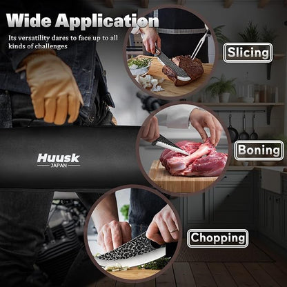 Huusk Butcher Knife Set for Meat Cutting 10pcs Viking Kitchen Serbian Chef Knife with Roll Bag Hand Forged Brisket Knives Meat Cleaver for Men Gift BBQ Outdoor Camping