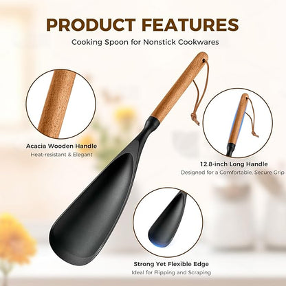 Silicone Cooking Spoon for Nonstick Cookware – Wooden Handle Spatula Spoon, Multi-Function Kitchen Tool for Stirring, Scooping, Scraping & Serving, Heat-Resistant(Black, 12.8 Inch)