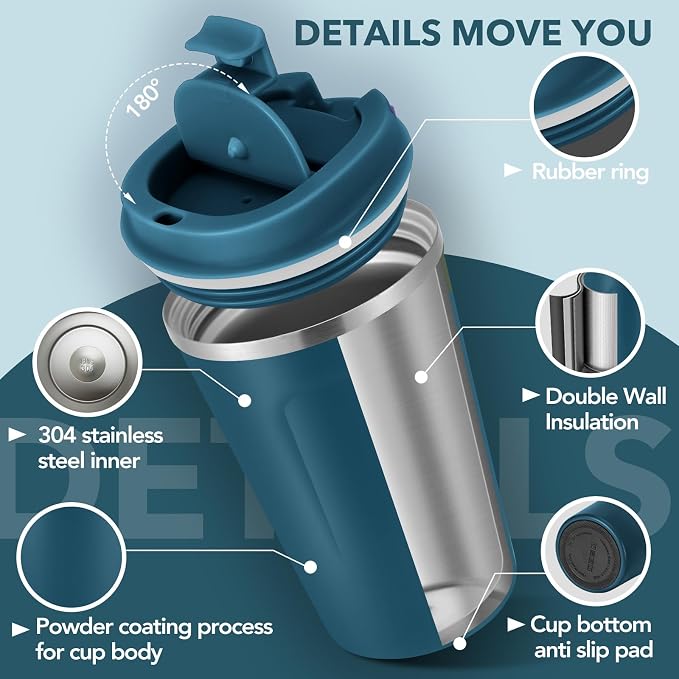 Volhoply 12 oz Double Wall Insulated Vacuum Travel Coffee Mugs with Flip Lid Bulk 2 Pack,Reusable Stainless Steel Leak Proof Coffee Cup,Portable Cafe Thermal Tumbler for Hot & Cold Drinks(Bule,2 Set)