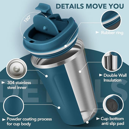 Volhoply 12 oz Double Wall Insulated Vacuum Travel Coffee Mugs with Flip Lid Bulk 2 Pack,Reusable Stainless Steel Leak Proof Coffee Cup,Portable Cafe Thermal Tumbler for Hot & Cold Drinks(Bule,2 Set)