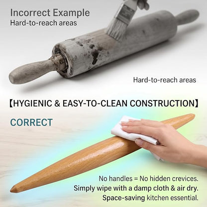 16-inch French Rolling Pin for Baking - Professional Solid Beechwood Dough Roller for Pizza, Pastry & Cookie Crust - Tapered Wooden Rolling Pins for Precision Control