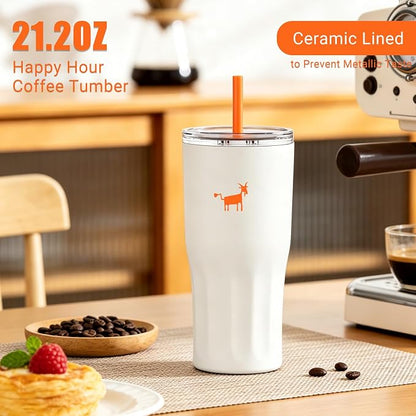 CHEERFUL GOAT Ceramic Lined Coffee Travel Tumbler – Stainless Steel Travel Coffee Tumbler with Ceramic Liner, with lid, 21 OZ Cup for Hot and Cold Water Coffee at Home, Office, or On the Go (White)