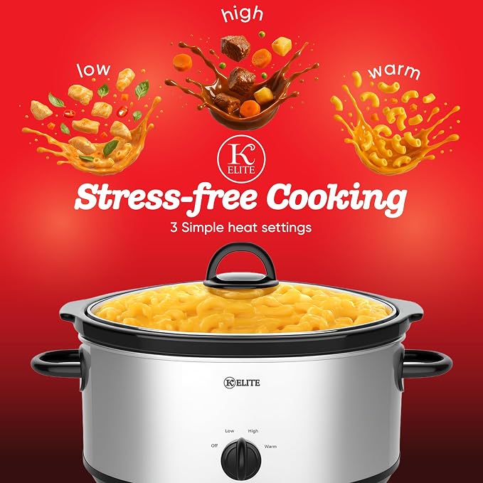 Kitchen Elite 6 Quart Slow Cooker for Large Families, Stainless Steel Crock Pot with 3 Heat Settings, Dishwasher-Safe Ceramic Pot & Tempered Glass Lid