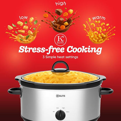 Kitchen Elite 6 Quart Slow Cooker for Large Families, Stainless Steel Crock Pot with 3 Heat Settings, Dishwasher-Safe Ceramic Pot & Tempered Glass Lid