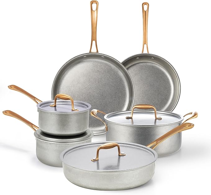 KOKHUB Vintage Stainless Steel Pots and Pans Set, 10 Pcs Tri-Ply Induction Cookware, Non Toxic Cooking Pan Set, PFAS/PTFE/PFOA/PFOS Free, Compatible with All Cooktops