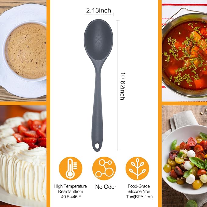 2 Pcs Silicone Nonstick Mixing Spoon,10.6Inch Silicone Spoons for Cooking Heat Resistant, Cooking Utensil for Kitchen Cooking Baking Stirring Serving (Grey)