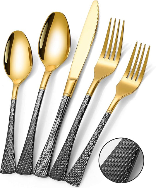 Lemeya Hammered Black Gold Silverware Set,30 Piece Modern Flatware Set Service for 6,Mirror Polished Stainless Steel Cutlery Set Utensil Set,Kitchen Knives Forks Spoons Set,Dishwasher Safe