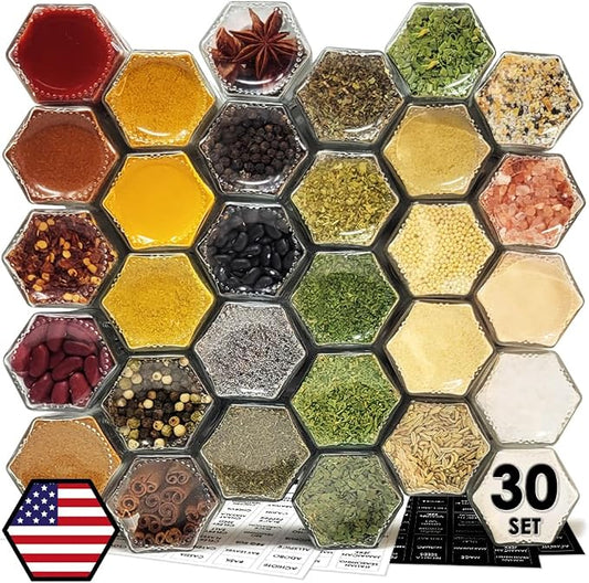 30 Set Magnetic Spice Jars for Refrigerator Hexagon Glass Spice Jars with Magnetic Lids, Shaker, Spice Labels, Magnetic Glass Spice Containers for RV Travel Trailer Kitchen Fridge Cabinet Wall mount