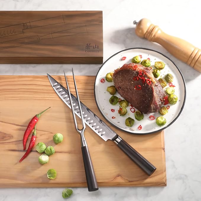 Cangshan HAKU Series 2-Piece Carving Set with Walnut Box, Forged X-7 Damascus Steel, 501158
