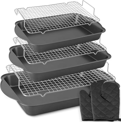 8PCS Deep Baking Pan Set, 14/15.9/17.5 Inch Nonstick Oven Pan with Cooling Racks & Oven Mitts, Heavy-Duty Roasting Pan with Wide Handles for Cakes, Lasagna and Meat, Black