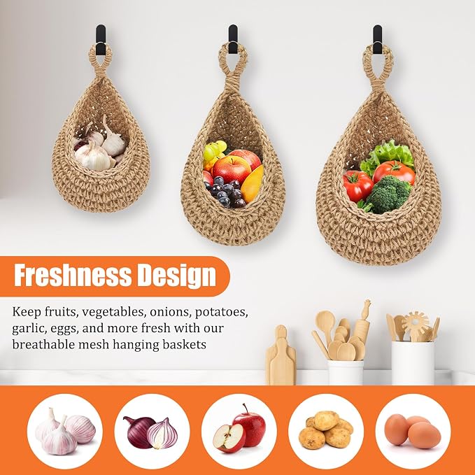Hanging Fruit Baskets for Kitchen, 3 Pack Boho Hanging Wall Basket with 6 Pcs Strong Hooks, Teardrop Storage Baskets for Fruits, Vegetables, Onion - Decorative Organizing Wall Baskets for Home