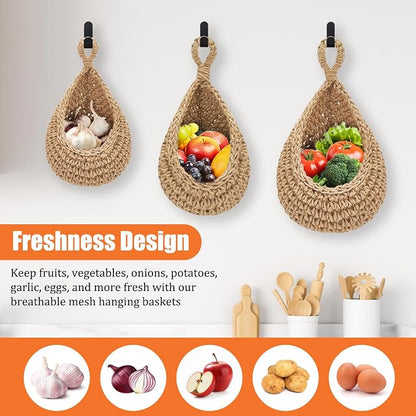 Hanging Fruit Baskets for Kitchen, 3 Pack Boho Hanging Wall Basket with 6 Pcs Strong Hooks, Teardrop Storage Baskets for Fruits, Vegetables, Onion - Decorative Organizing Wall Baskets for Home