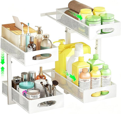 2-Pack Under Sink Organizer, 2-Tier Pull Out Baskets, White | Rustproof carbon steel, 2 tier mesh sliding drawers, Height adjustable to bypass pipes, For kitchen, bathroom, laundry