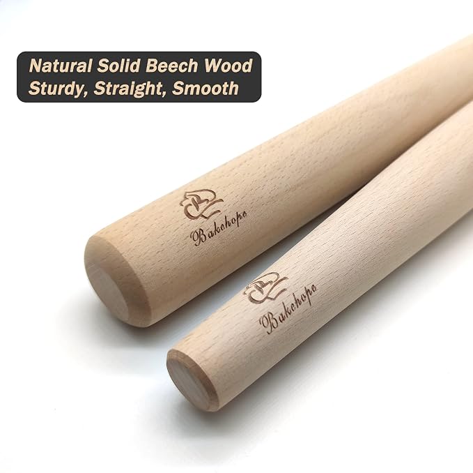 French Rolling Pin for Baking Pasta Pizza Bread, Natural Beech Wood Dough Roller(15.75 Inches)