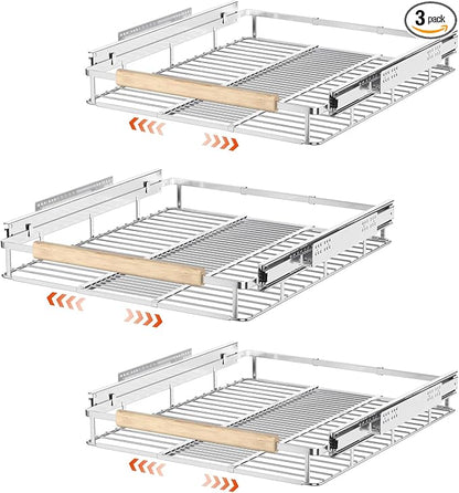 SANNO Expandable Pull Out Cabinet Organizer,Slide Out Pantry Shelf for Kitchen Cabinet or Under Sink,Extendable Width16.1 to 26.4" W,Chrome Finish,3Pack