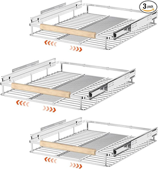 SANNO Expandable Pull Out Cabinet Organizer,Slide Out Pantry Shelf for Kitchen Cabinet or Under Sink,Extendable Width16.1 to 26.4" W,Chrome Finish,3Pack