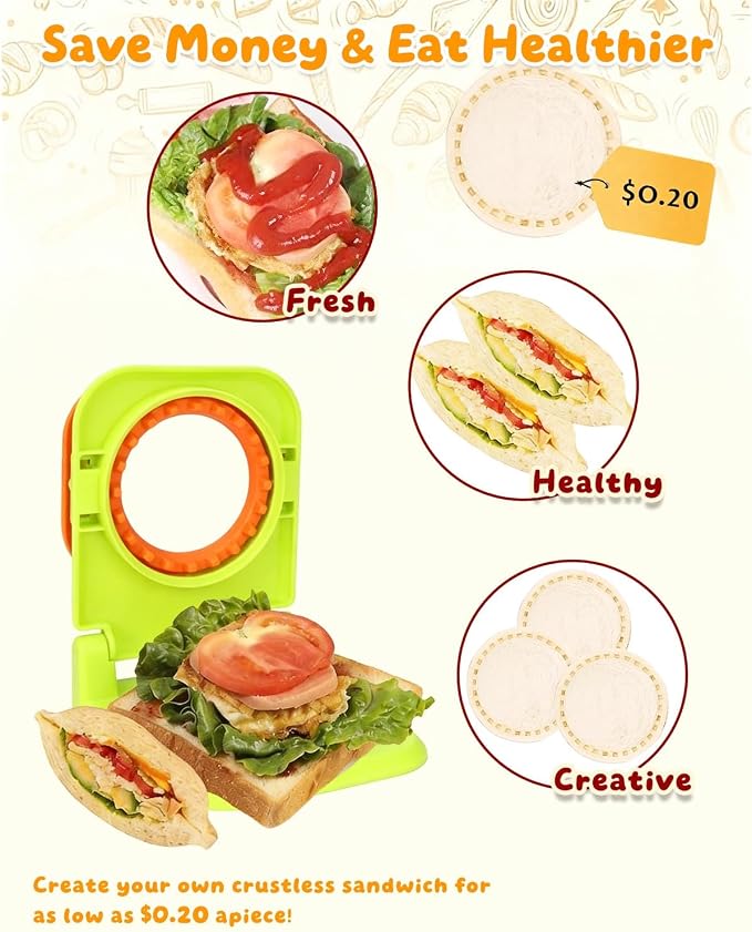 CHICHAUS Uncrustable Sandwich Maker,Sandwiches Pocket Circle Shape 3.7Inch Sandwich Cutter and Sealer,Sandwich Cutter for Kids Breakfast and lunchboxes (Green/Orange)