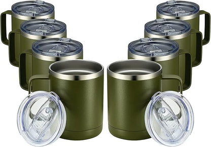 MEWAY 12oz Coffee Mug With Handle 8 Pack Bulk,Stainless Steel Insulated Travel Tumblers With Sliding Lid,Double Wall Vacuum Camping Cup for Hot & Cold Drinks Tea (Army Green,Set of 8)