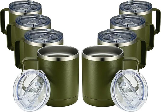 MEWAY 12oz Coffee Mug With Handle 8 Pack Bulk,Stainless Steel Insulated Travel Tumblers With Sliding Lid,Double Wall Vacuum Camping Cup for Hot & Cold Drinks Tea (Army Green,Set of 8)