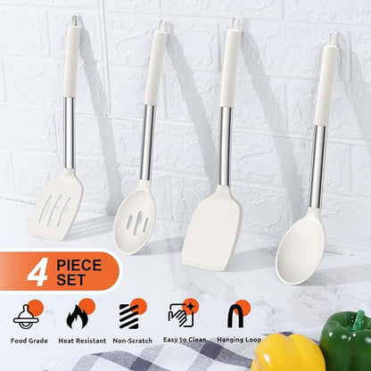 E-far Cooking Utensils Set of 4, Silicone Kitchen Utensils for Non-stick Cookware, Heat Resistant & Non-toxic Slotted Spatula Solid Spoon Turner for Flipping Mixing Serving Basting(White)
