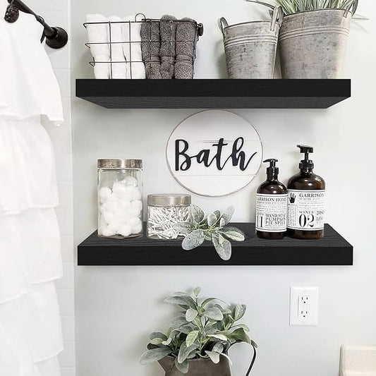 QEEIG Floating Shelves for Wall 23.6" Long - Wall Mounted Shelf Bathroom Kitchen Living Room Bedroom Farmhouse Home Decor Display Bookshelf Large 23.6 x 9.3 inch Set of 2, Black (008-60B)