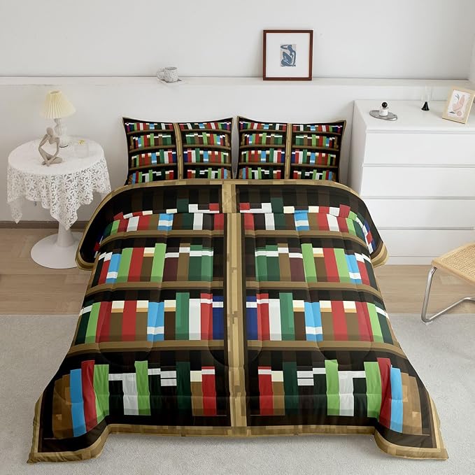Manfei Pixel Bookshelf Kids Comforter Set,Pixelated Bookcase Vedio Game Bedding Set All Season,Books Modern Building Games Comforter 2 Pcs with 1 Pillowcase,Toddler Size