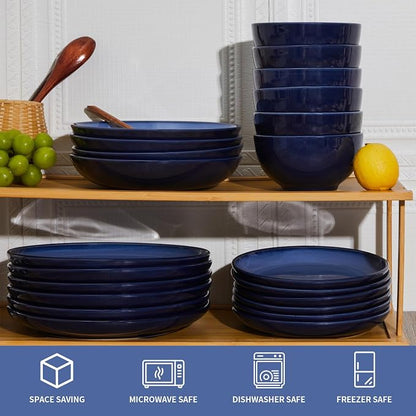 Pokini Blue Stoneware Dinnerware Set, 12 pcs Reactive Glaze Plates and Bowls Sets, Handmade Round Dishes Set for 4, Highly Chip and Crack Resistant Modern Plate Set