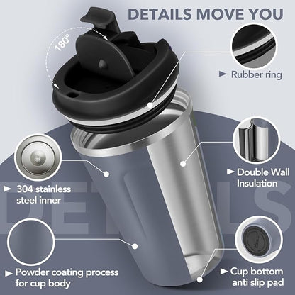 Volhoply 12 oz Double Wall Insulated Vacuum Travel Coffee Mug with Flip Lid,Reusable Stainless Steel Leak Proof Coffee Cup,Portable Iced Cafe Thermal Tumbler Suitable for Hot & Cold Drinks(Gray,1 Set)
