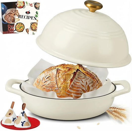 Overmont Enameled Cast Iron Bread Oven - 6QT Bread Dutch Oven for Sourdough Baking - Bread Pot with Dome Lid Cotton Potholders & Cookbook - Multi-Functional Bread Pan For Baking Frying Roasting