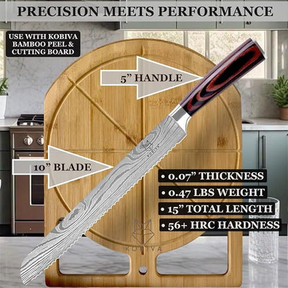 Premium 10-inch Serrated Bread Knife | Razor Sharp Cutter for Homemade Bread, Sourdough & Cake | Elegant Kitchen Essential for Effortless Slicing, Damascus Steel Lasered Pattern | Kitchen Gifts