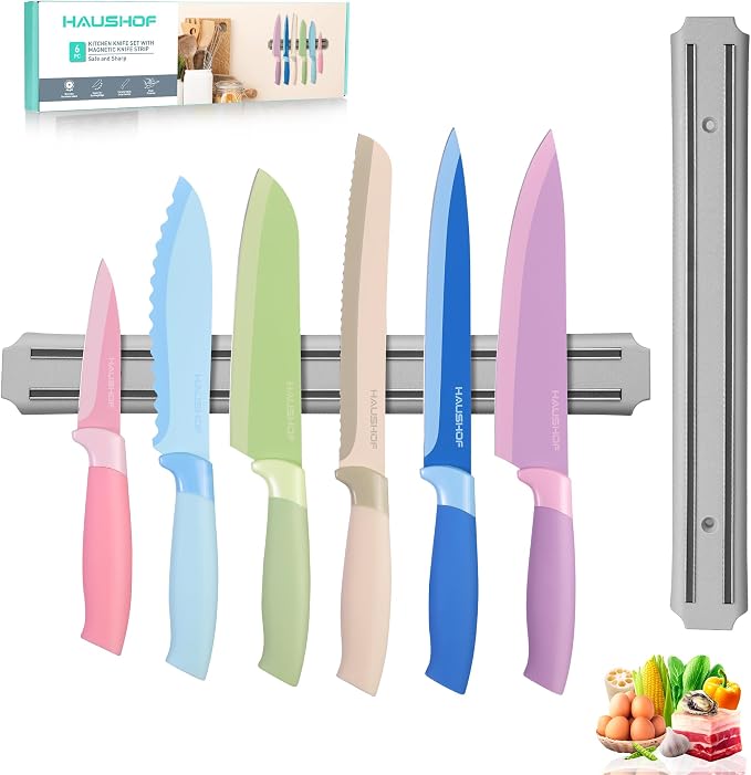 HAUSHOF Kitchen Knife Set with Magnetic Knife Strip for Wall, 6-Piece Colorful Knives Set for Kitchen, Non-Stick Coated Stainless Steel Blades for Slicing, Dicing, Magnetic Knife Holder for Storage