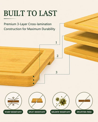 Bamboo Cutting Board Set with Holder, Set of 3 Wooden Cutting Boards for Kitchen, Butcher Block Carbonized Chopping Boards for Small Kitchen, Apartment, Meal Prep, Meat, Vegetables and Fruit
