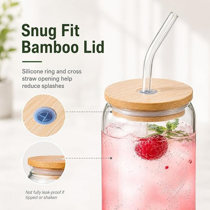 Glass Cups with Lids and Straws 1 Pack, 16 oz Glass Coffee Cup with Bamboo Lid, Glass Straw and Cleaning Brush, Iced Coffee Cup for Matcha, Soda, Tea and Daily Drinks